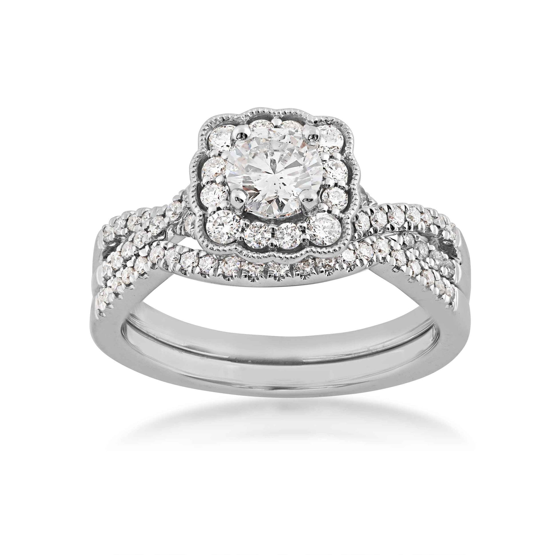 Natural 1 ct. tw. Round Brilliant Diamond Square Scalloped Halo Wedding Set in 14K White Gold