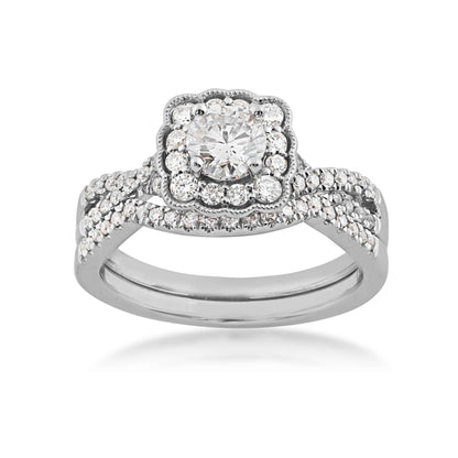 Natural 1 ct. tw. Round Brilliant Diamond Square Scalloped Halo Wedding Set in 14K White Gold