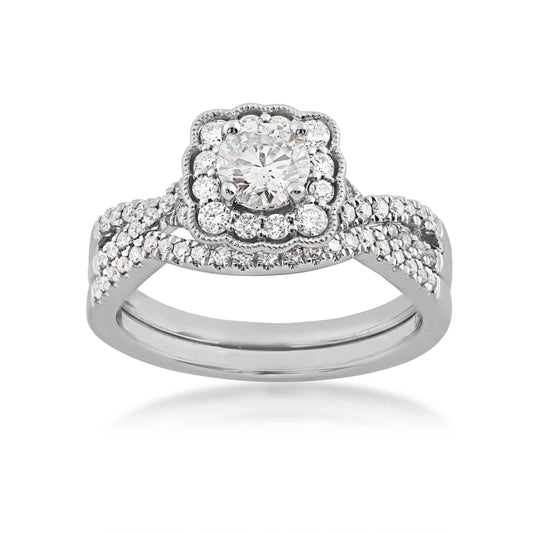 Natural 1 ct. tw. Round Brilliant Diamond Square Scalloped Halo Wedding Set in 14K White Gold