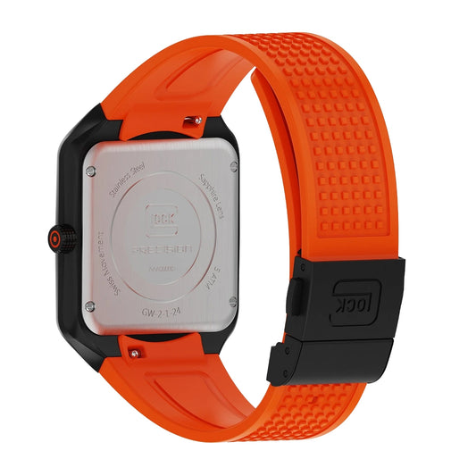 Glock Men's Quartz Black Stainless Steel Watch with Black Square Dial & Orange Silicone Strap close-up detail