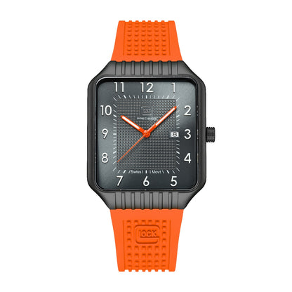 Glock Men's Quartz Black Stainless Steel Watch with Black Square Dial & Orange Silicone Strap