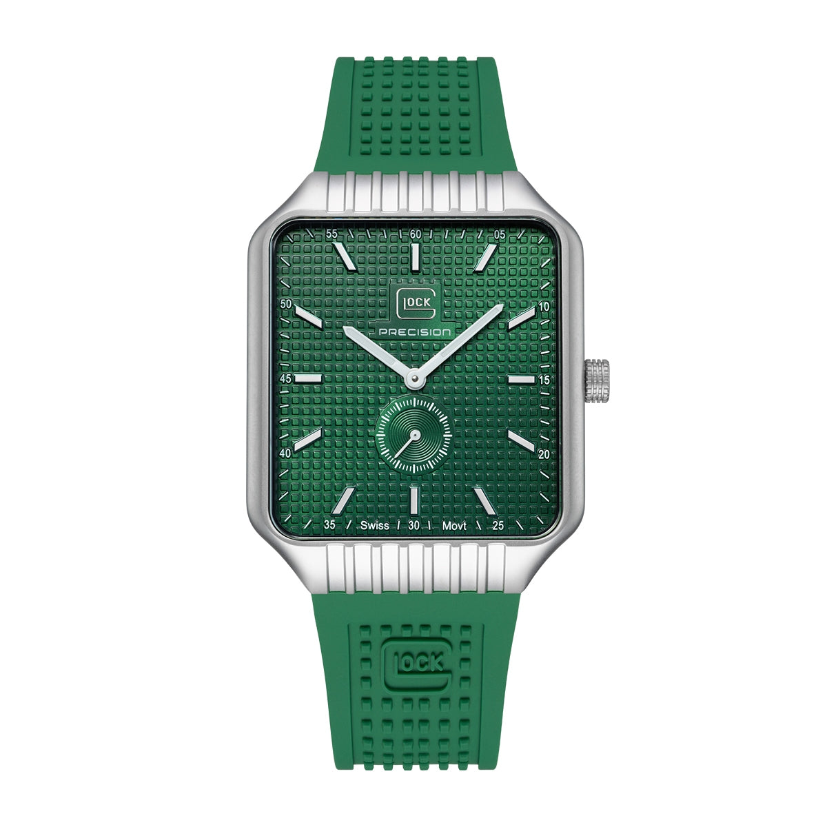 Glock Men's Quartz Stainless Steel Watch with Green Square Dial & Silicone Strap