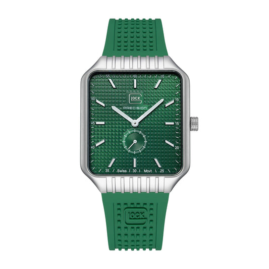 Glock Men's Quartz Stainless Steel Watch with Green Square Dial & Silicone Strap