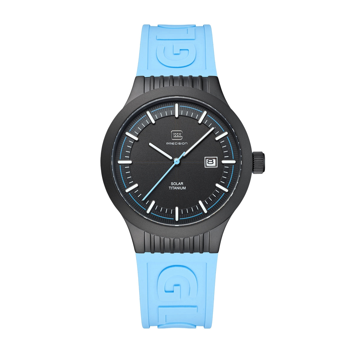 Glock Men's Quartz Black Stainless Steel Watch with Black Dial & Light Blue Silicone Strap