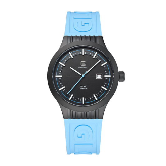 Glock Men's Quartz Black Stainless Steel Watch with Black Dial & Light Blue Silicone Strap