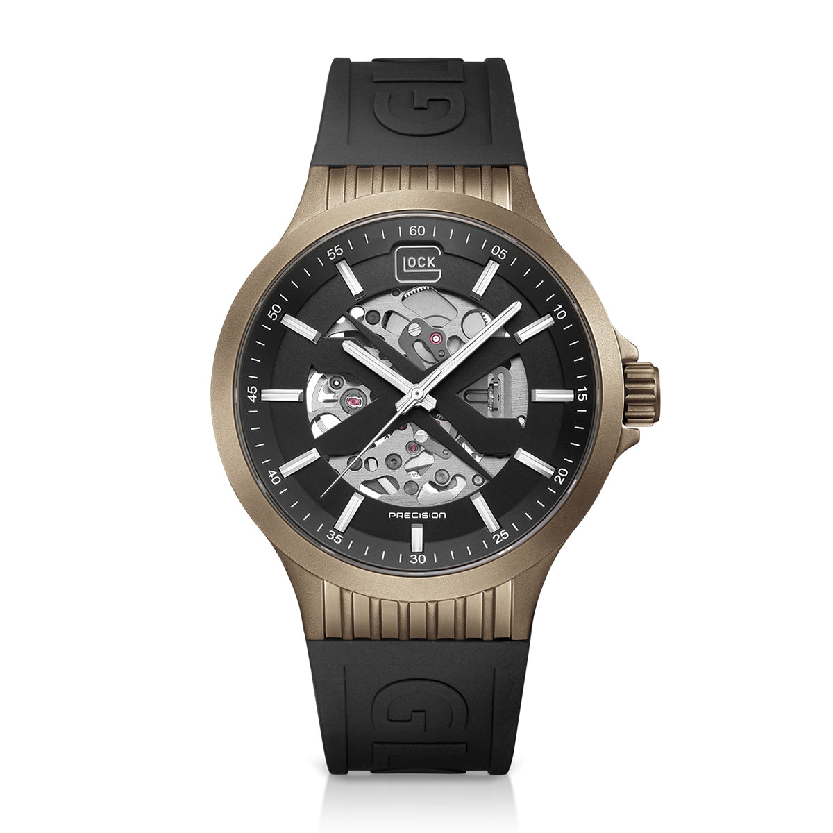 Glock Men's Automatic Brown Stainless Steel Watch with Black Open Aperture Dial & Silicone Strap