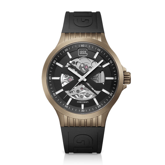 Glock Men's Automatic Brown Stainless Steel Watch with Black Open Aperture Dial & Silicone Strap