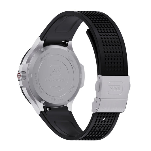 Glock Men's Quartz Stainless Steel Watch with Black Dial & Silicone Strap close-up detail