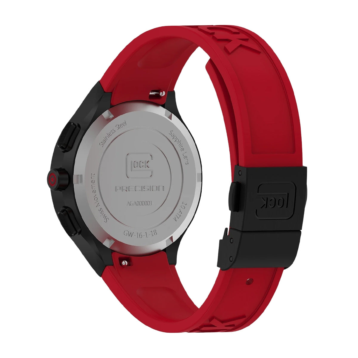 Glock Men's Quartz Chronograph Black Stainless Steel Watch with Diamond Accented Black Dial & Red Silicone close-up detail