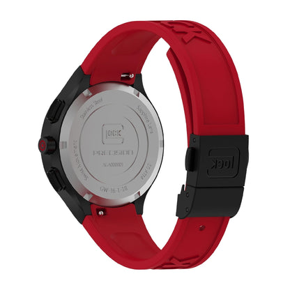 Glock Men's Quartz Chronograph Black Stainless Steel Watch with Diamond Accented Black Dial & Red Silicone close-up detail