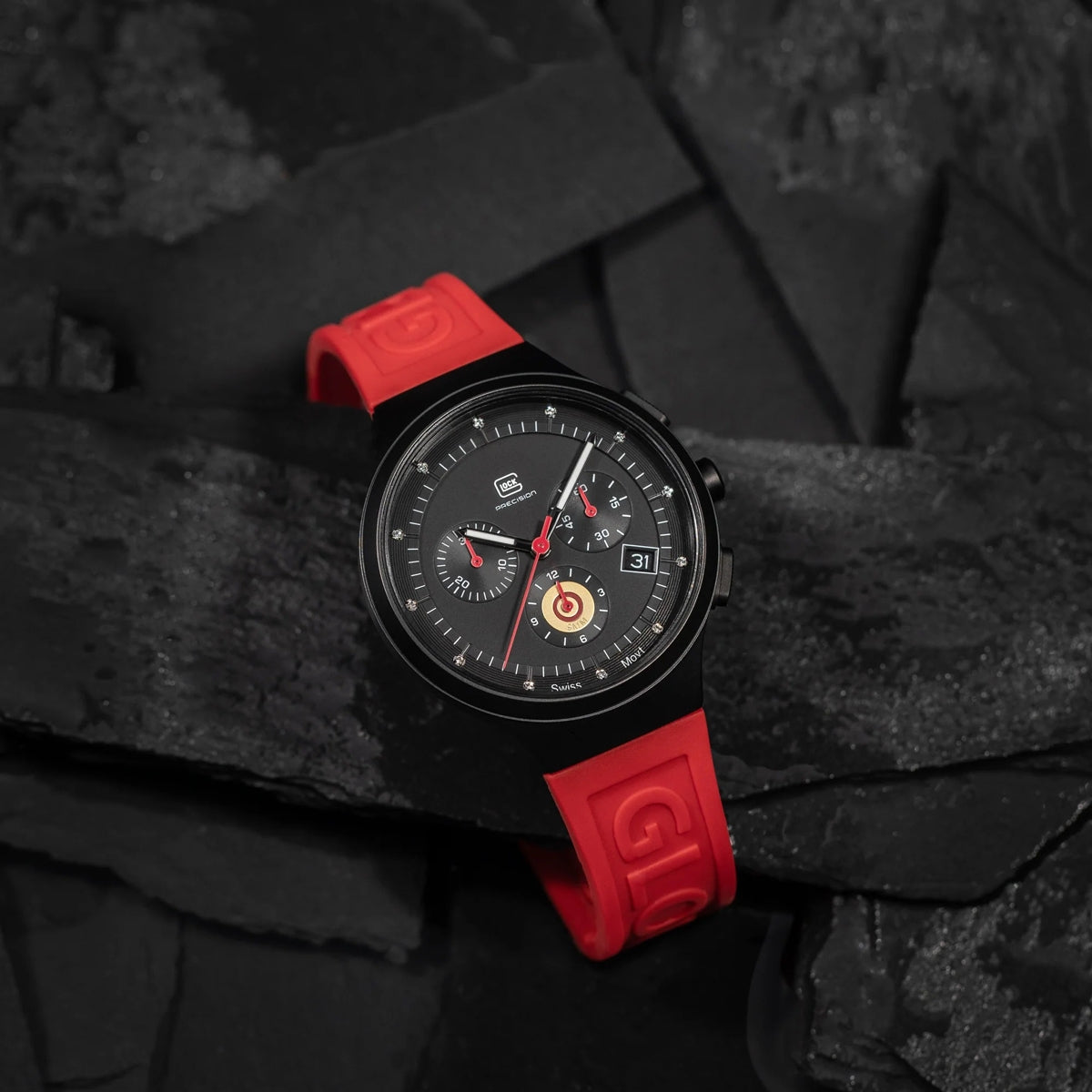 Glock Men's Quartz Chronograph Black Stainless Steel Watch with Diamond Accented Black Dial & Red Silicone Strap side profile