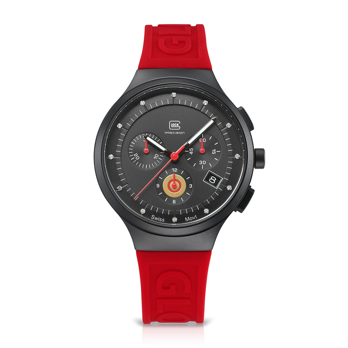 Glock Men's Quartz Chronograph Black Stainless Steel Watch with Diamond Accented Black Dial & Red Silicone Strap