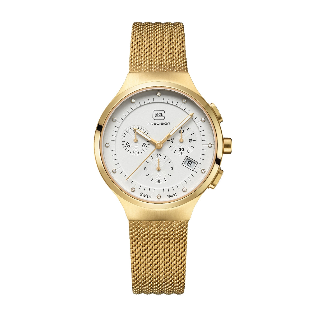 Glock Ladies' Quartz Chronograph Gold-Tone Stainless Steel Watch with Diamond Accent White Dial & Mesh Band