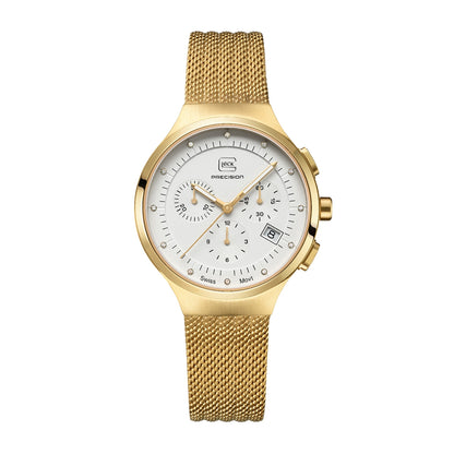 Glock Ladies' Quartz Chronograph Gold-Tone Stainless Steel Watch with Diamond Accent White Dial & Mesh Band