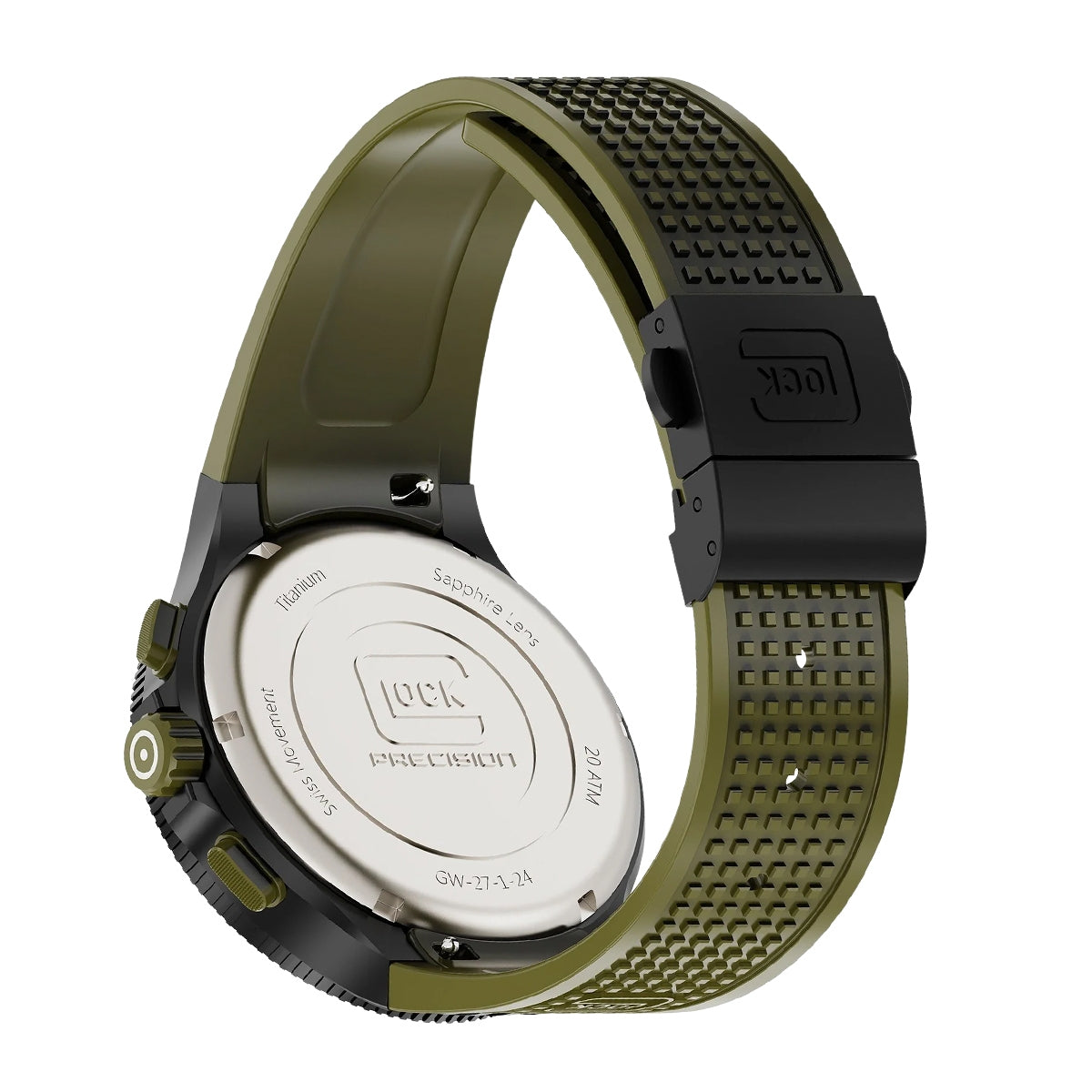 Glock Men's Quartz Chronograph Black Titanium Watch with Black Dial & Green Silicone Strap close-up detail