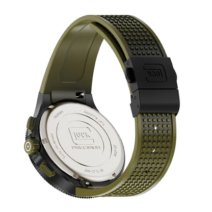 Glock Men's Quartz Chronograph Black Titanium Watch with Black Dial & Green Silicone Strap close-up detail