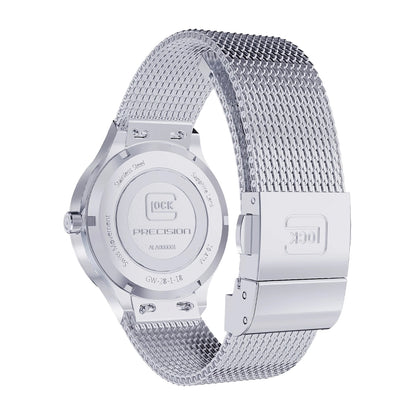 Glock Ladies' Quartz Stainless Steel Watch with Diamond Accent Mother of Pearl Dial & Mesh Band close-up detail