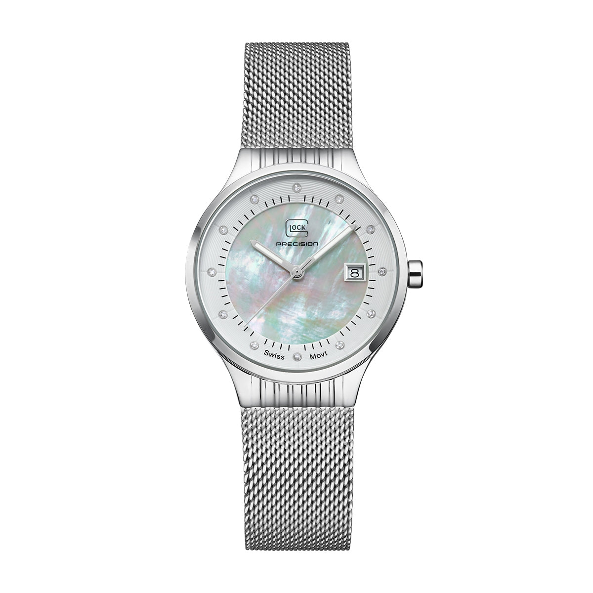 Glock Ladies' Quartz Stainless Steel Watch with Diamond Accent Mother of Pearl Dial & Mesh Band