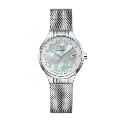 Glock Ladies' Quartz Stainless Steel Watch with Diamond Accent Mother of Pearl Dial & Mesh Band