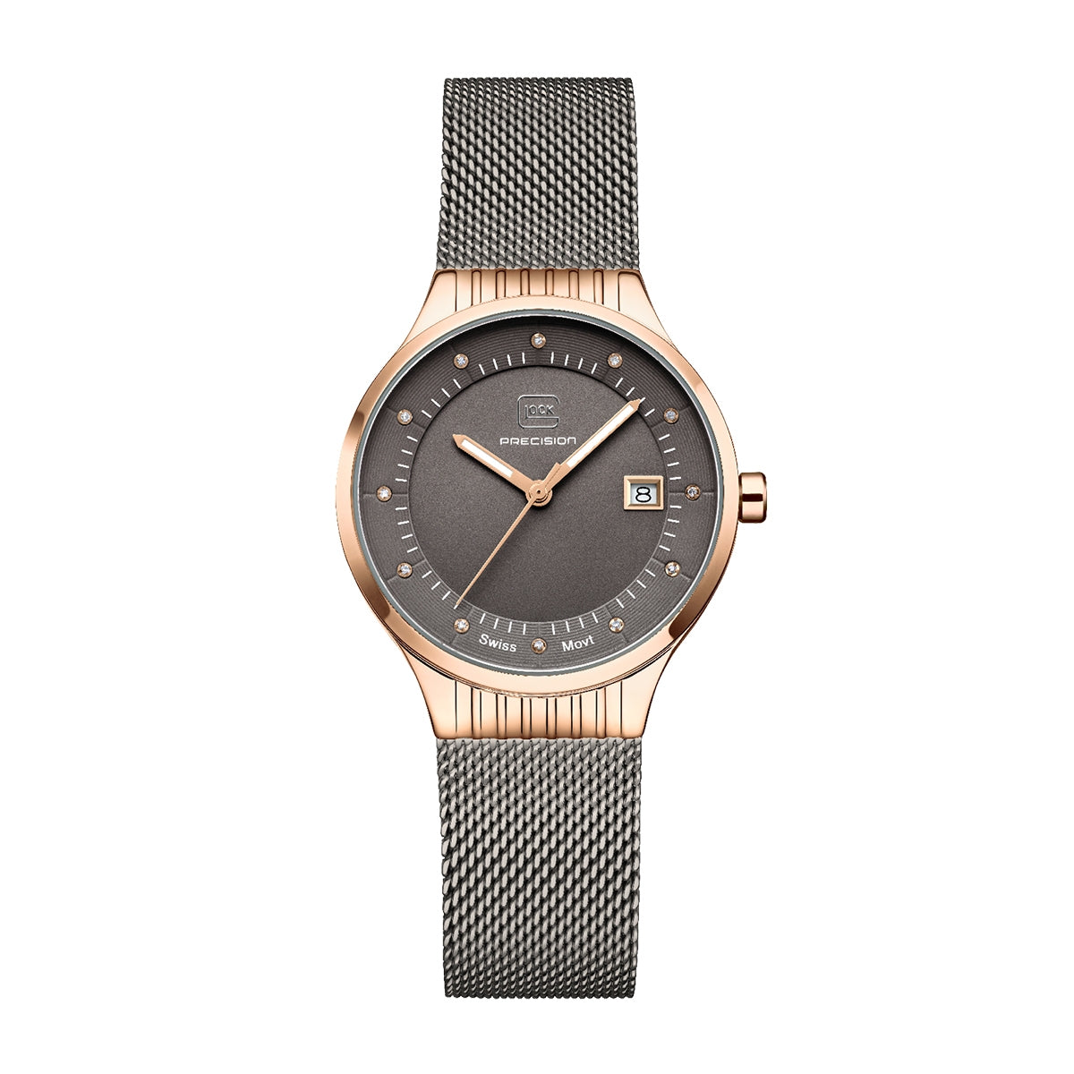 Glock Ladies' Quartz Rose Gold-Tone Stainless Steel Watch with Diamond Accent Gray Dial & Mesh Band