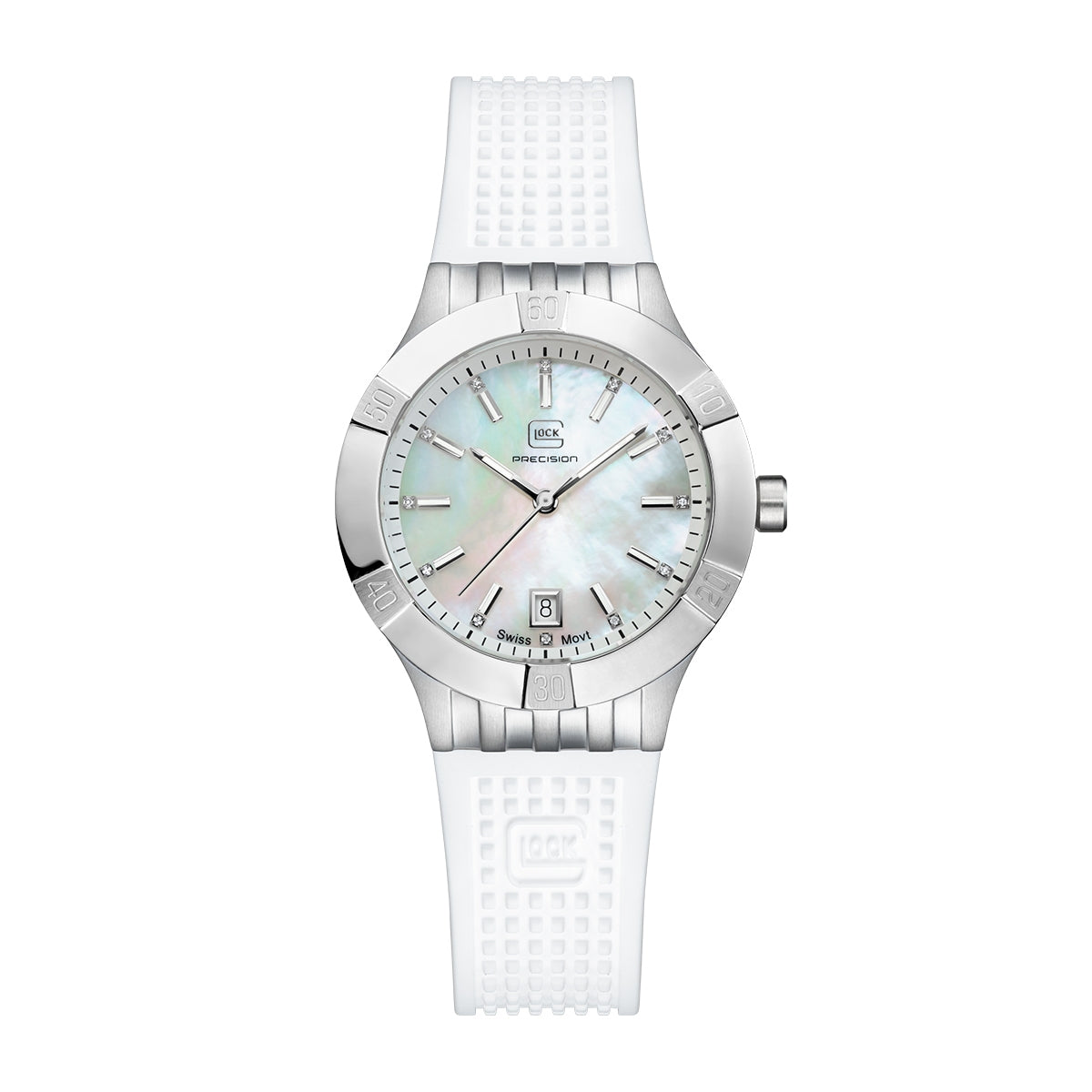 Glock Ladies' Quartz Stainless Steel Watch with Diamond Accent Mother of Pearl Dial & White Silicone Strap