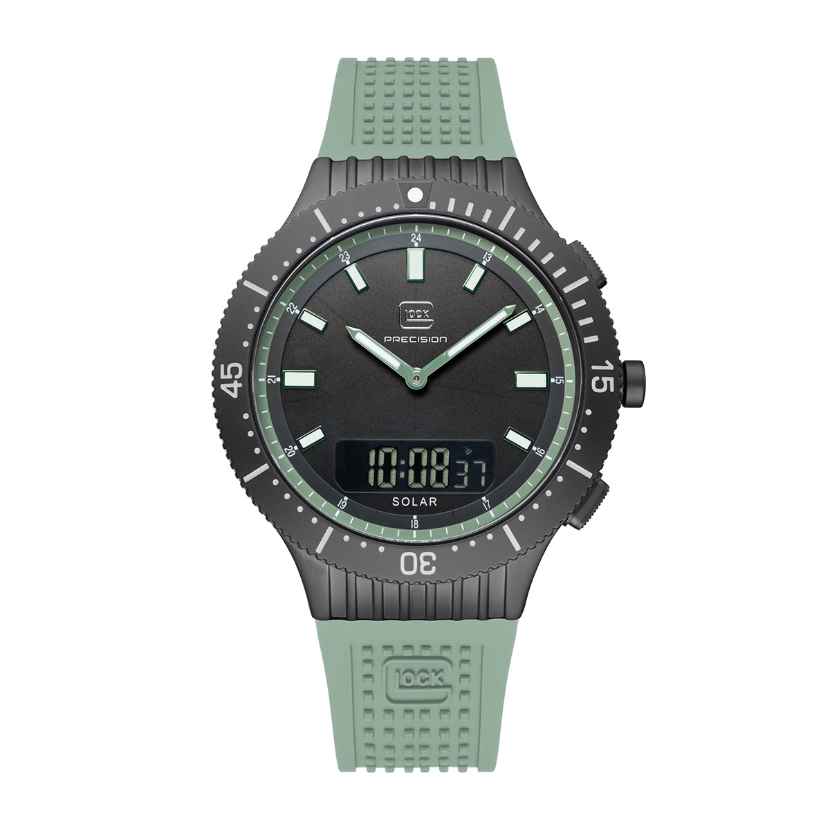 Glock Men's Quartz Digital & Analog Black Stainless Steel Watch with Black Dial & Green Silicone Strap