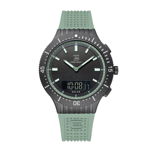Glock Men's Quartz Digital & Analog Black Stainless Steel Watch with Black Dial & Green Silicone Strap