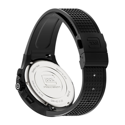 Glock Men's Quartz Chronograph Black Stainless Steel Watch with Black Dial & Silicone Strap close-up detail