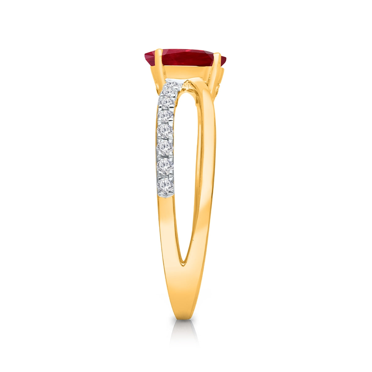 Kallati Oval Ruby & 1/4 ct. tw. Diamond Split Shank Ring in 14K Yellow Gold close-up detail