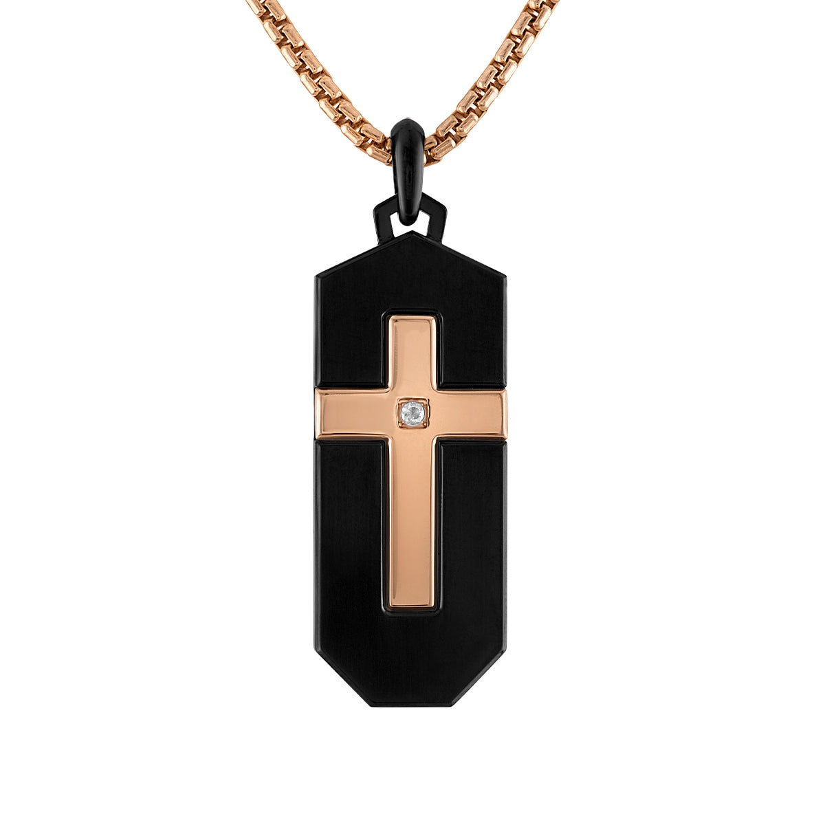 Bulova Men's Latin Grammy Diamond Accent Dog Tag & Cross Pendant in Black & Pink Gold-Tone Ion Plated Stainless Steel