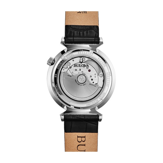 Bulova Men's Regatta Automatic Stainless Steel Watch with Black Open Aperture Dial & Leather Strap close-up detail