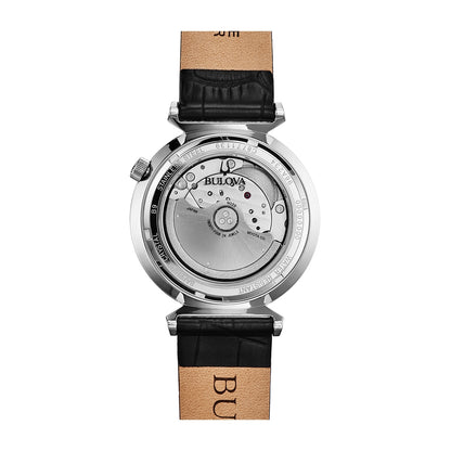 Bulova Men's Regatta Automatic Stainless Steel Watch with Black Open Aperture Dial & Leather Strap close-up detail
