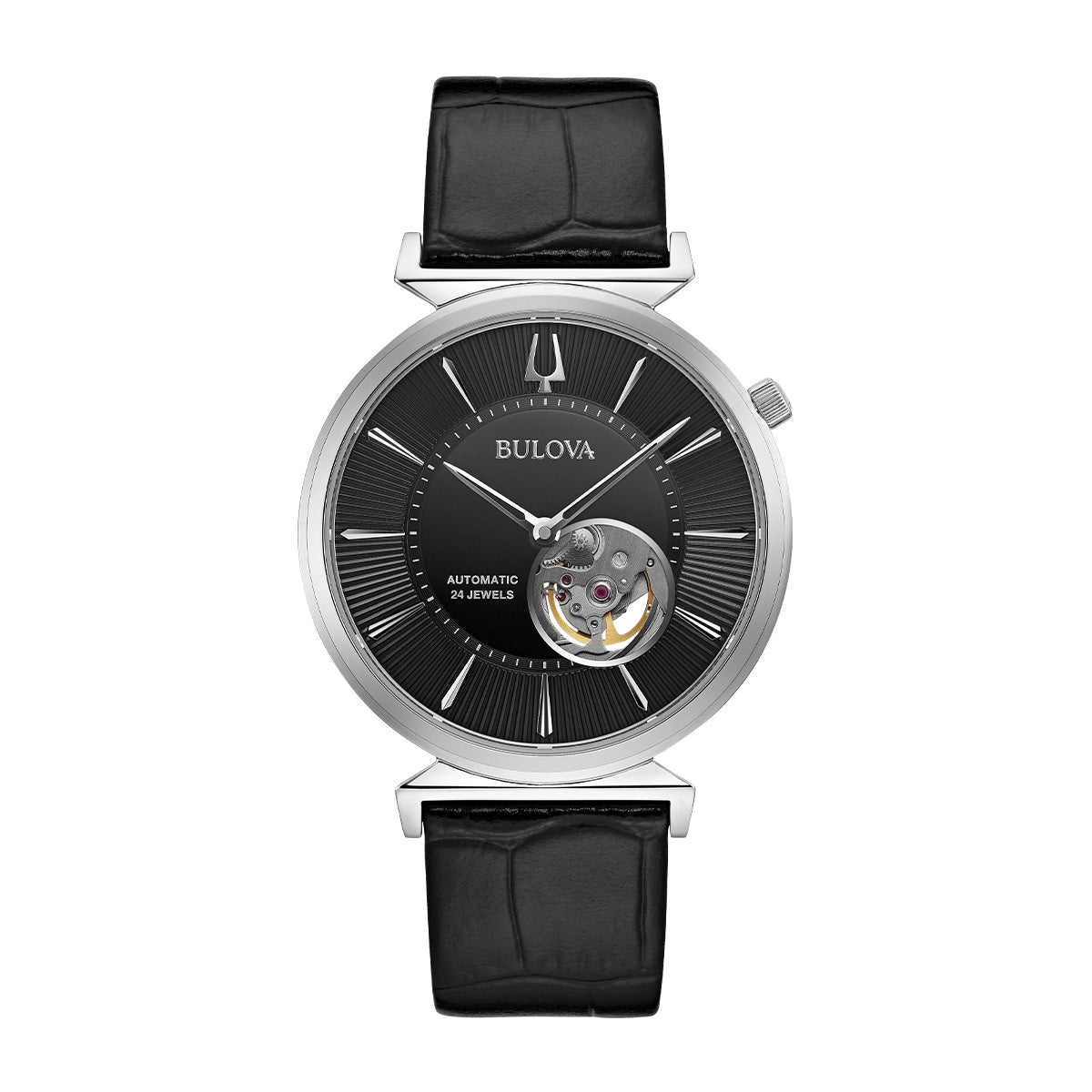 Bulova Men's Regatta Automatic Stainless Steel Watch with Black Open Aperture Dial & Leather Strap