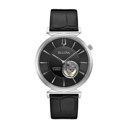 Bulova Men's Regatta Automatic Stainless Steel Watch with Black Open Aperture Dial & Leather Strap