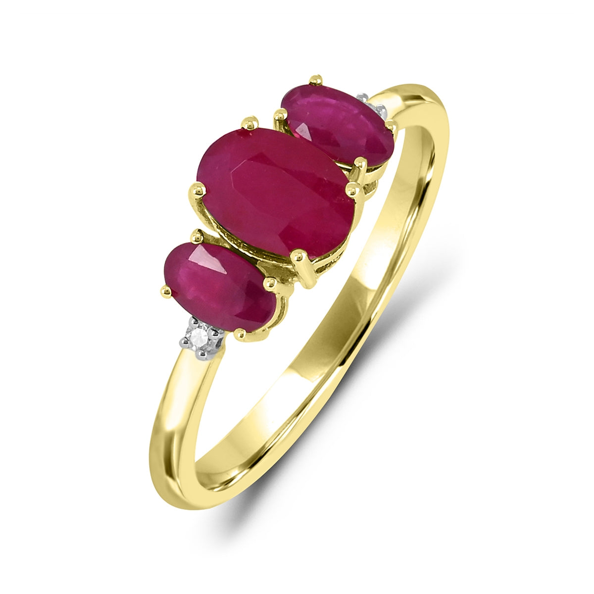 Oval 3-Stone Ruby & Diamond Accent Ring in 14K Yellow Gold front view