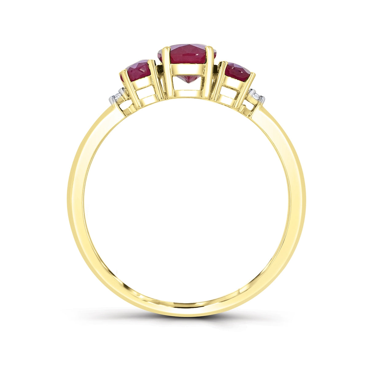 Oval 3-Stone Ruby & Diamond Accent Ring in 14K Yellow Gold close-up detail