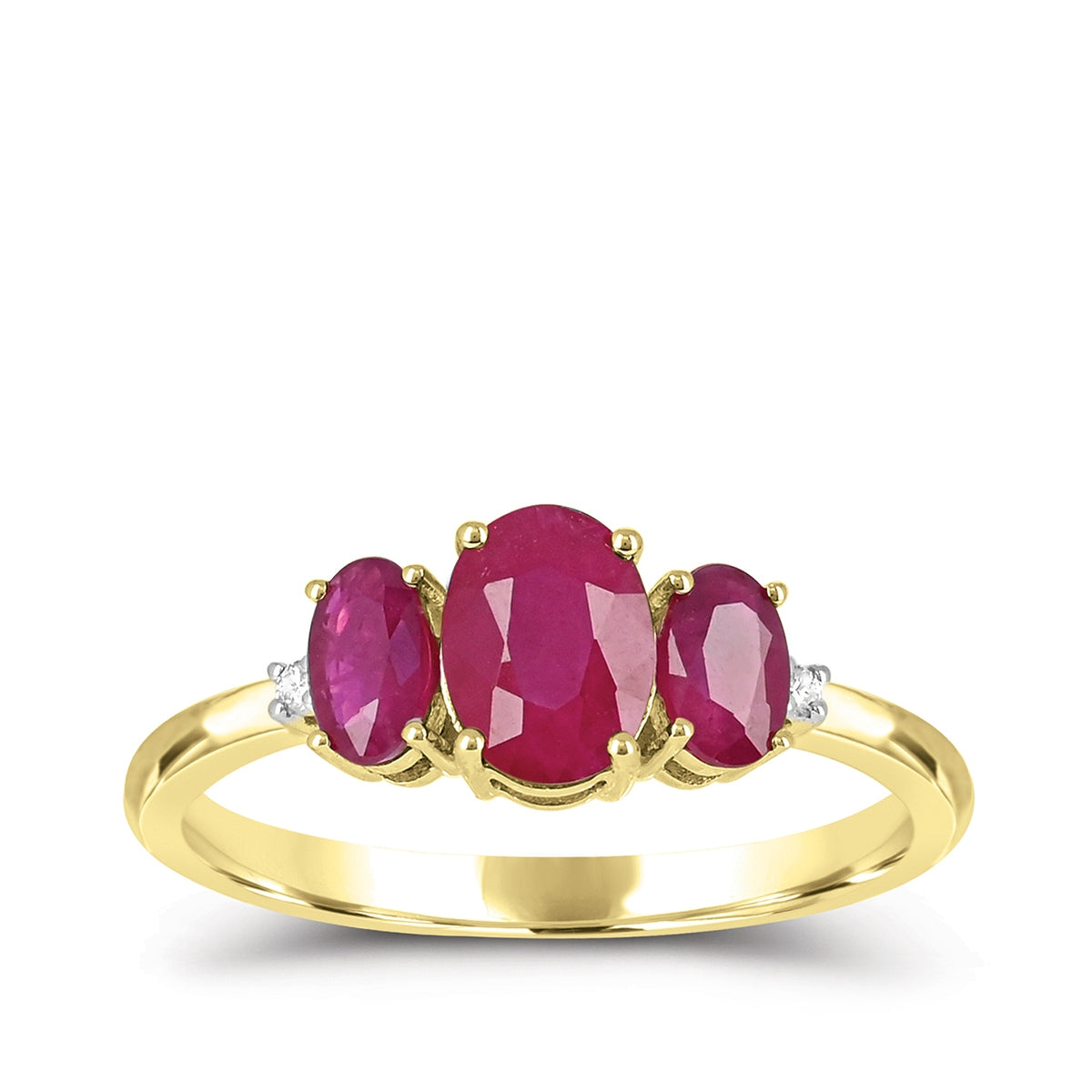 Oval 3-Stone Ruby & Diamond Accent Ring in 14K Yellow Gold