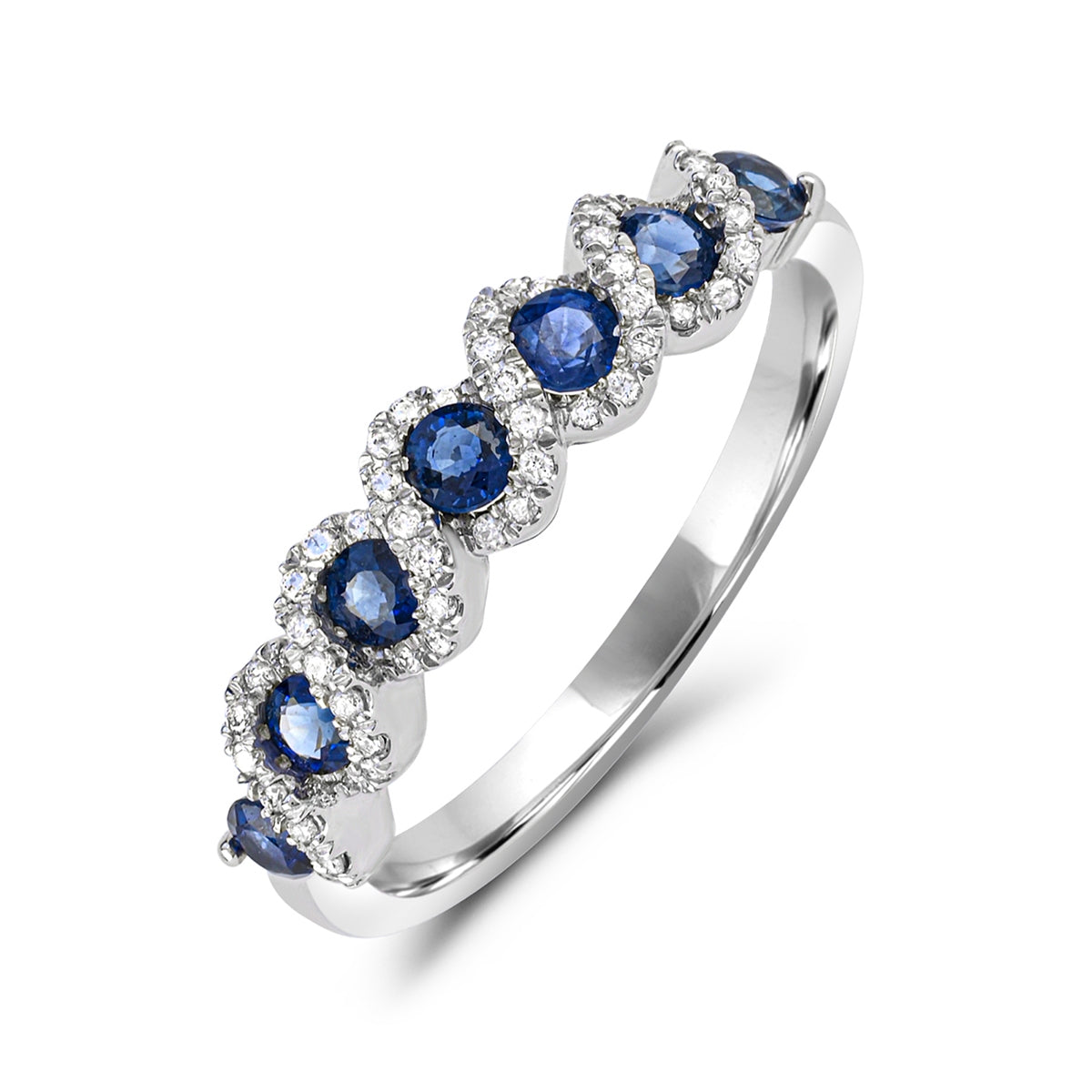 Round Sapphire & 1/7 ct. tw. Diamond Twist Ring in 14K White Gold front view