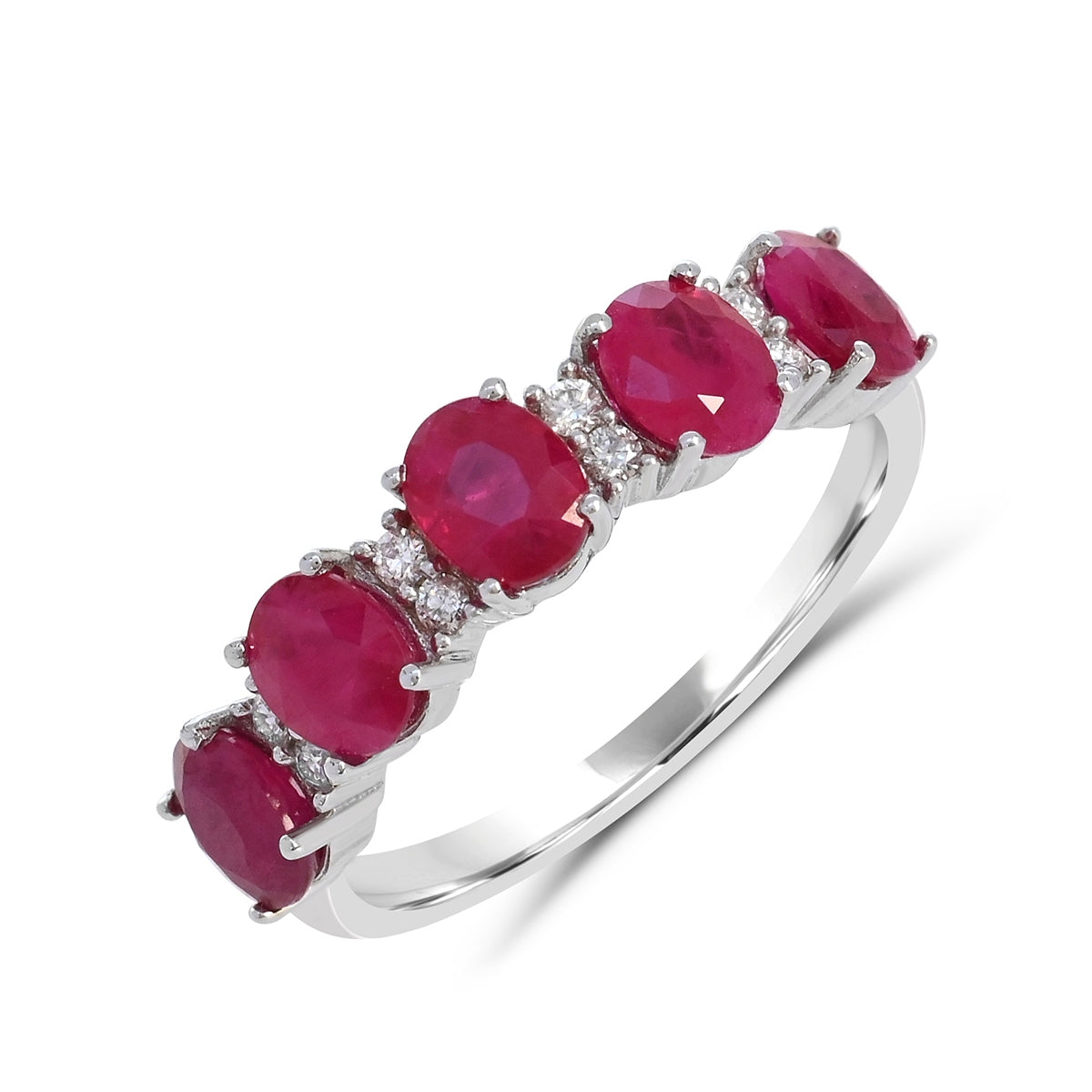 Oval 5-Stone Ruby & 1/10 ct. tw. Diamond Ring in 14K White Gold front view