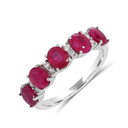 Oval 5-Stone Ruby & 1/10 ct. tw. Diamond Ring in 14K White Gold front view