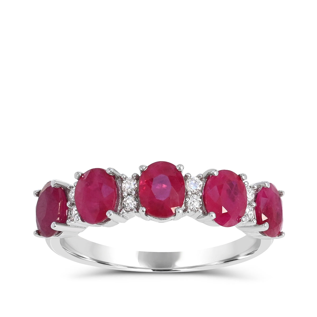 Oval 5-Stone Ruby & 1/10 ct. tw. Diamond Ring in 14K White Gold