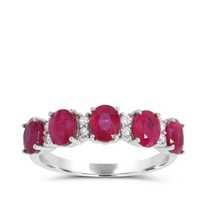 Oval 5-Stone Ruby & 1/10 ct. tw. Diamond Ring in 14K White Gold