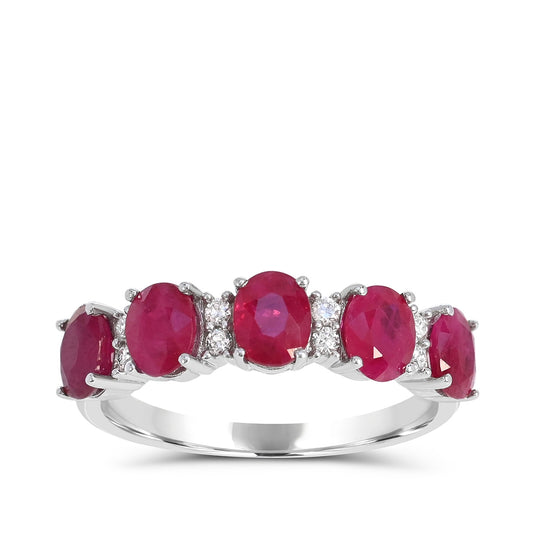 Oval 5-Stone Ruby & 1/10 ct. tw. Diamond Ring in 14K White Gold