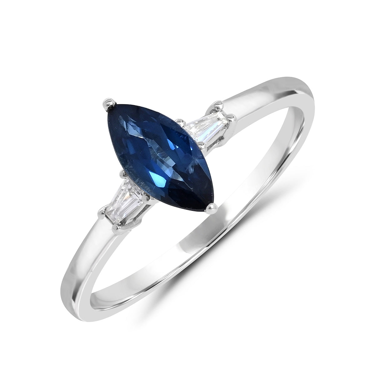 Marquise Sapphire & 1/7 ct. tw. Tapered Baguette Diamond Ring in 14K White Gold front view