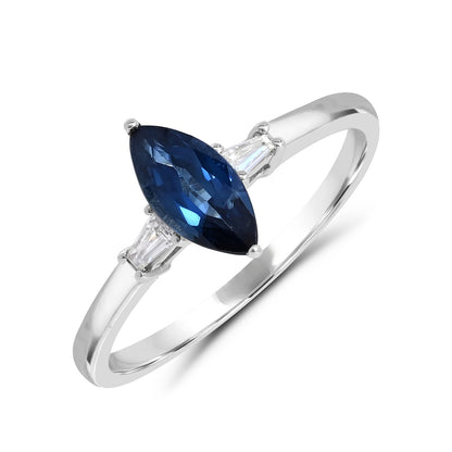 Marquise Sapphire & 1/7 ct. tw. Tapered Baguette Diamond Ring in 14K White Gold front view