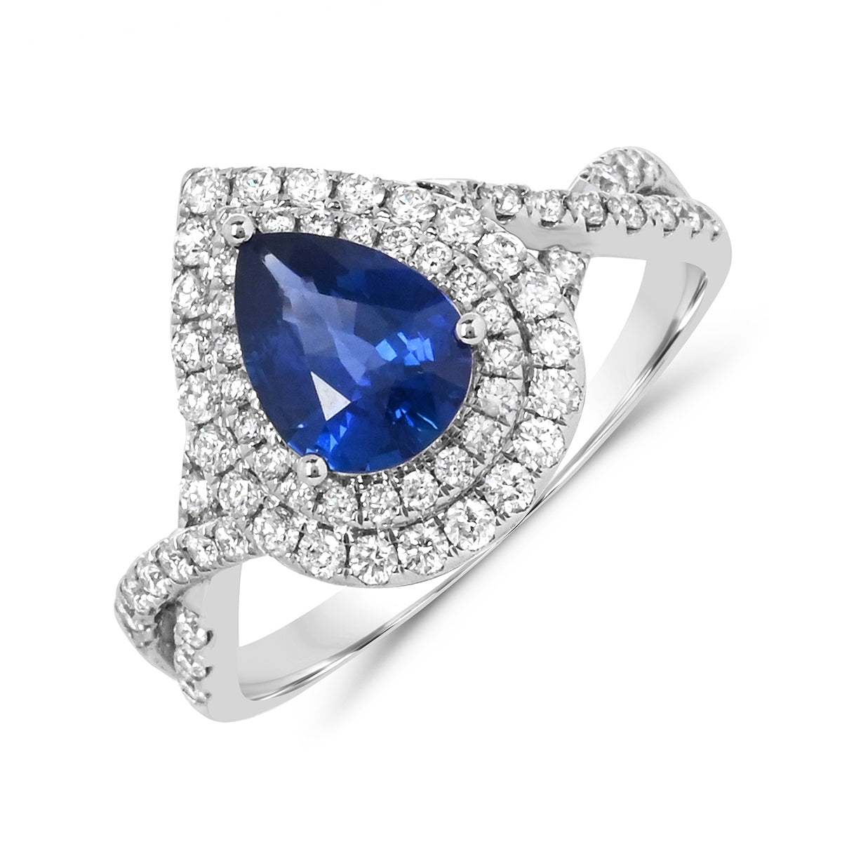 Pear Sapphire & 1/2 ct. tw. Diamond Double Halo Twist Ring in 14K White Gold front view