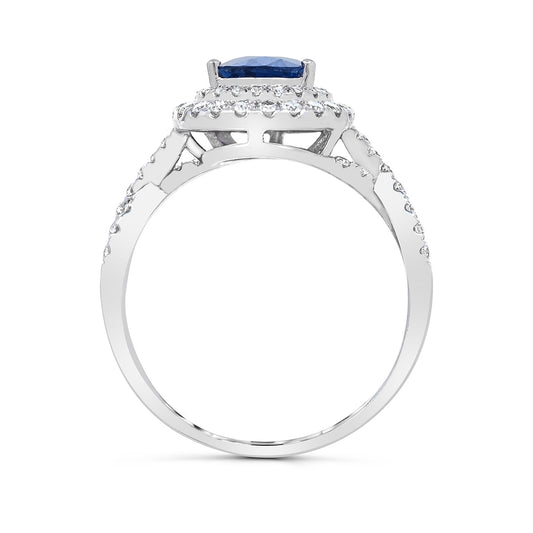 Pear Sapphire & 1/2 ct. tw. Diamond Double Halo Twist Ring in 14K White Gold close-up detail