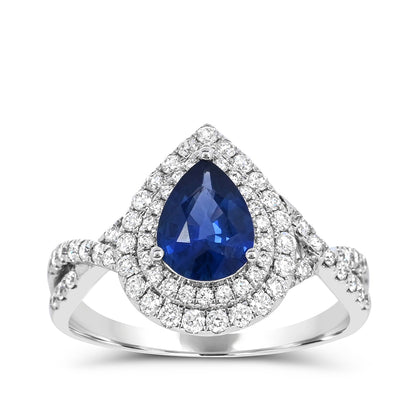 Pear Sapphire & 1/2 ct. tw. Diamond Double Halo Twist Ring in 14K White Gold