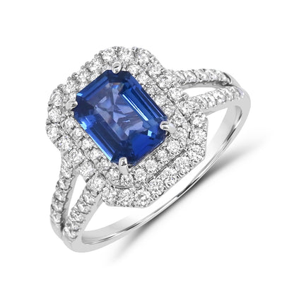 Emerald Cut Sapphire & 5/8 ct. tw. Diamond Double Halo Split Shank Ring in 14K White Gold front view
