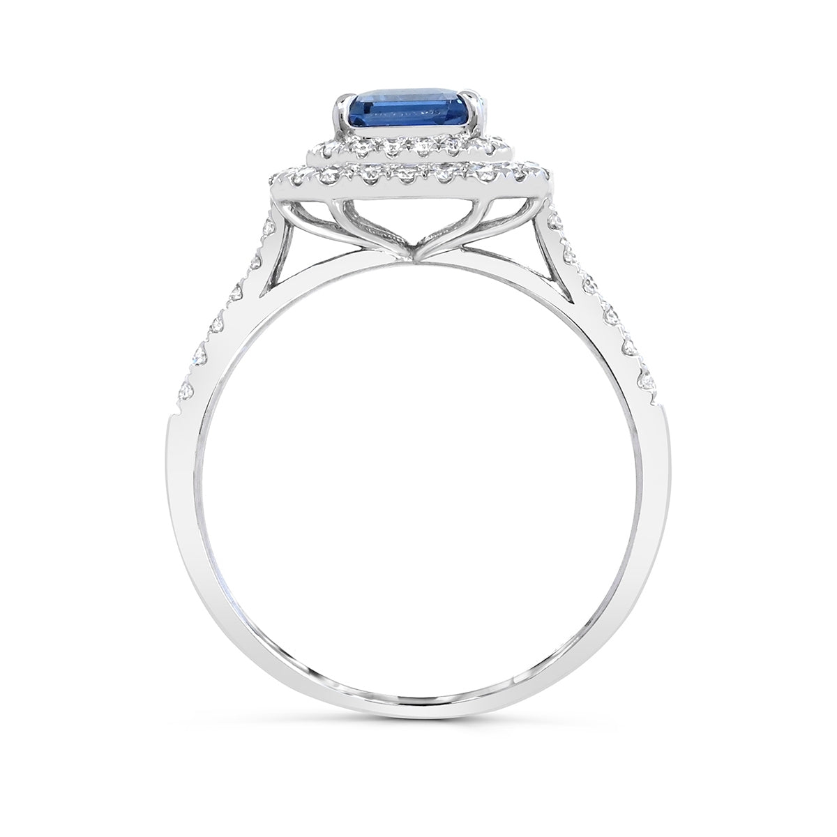 Emerald Cut Sapphire & 5/8 ct. tw. Diamond Double Halo Split Shank Ring in 14K White Gold close-up detail